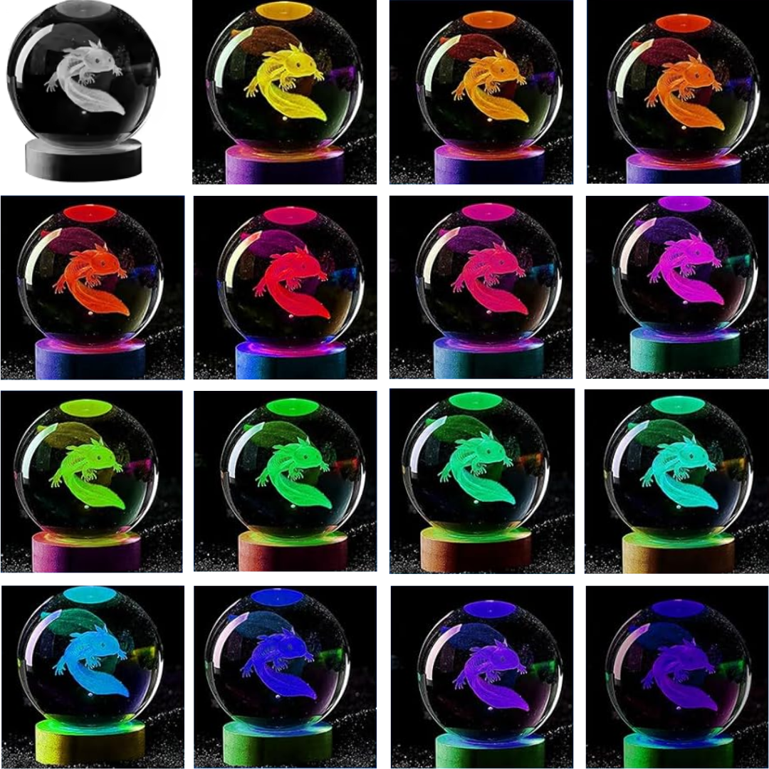 Esfera de Cristal con Ajolote 3D — Luz LED Irisada