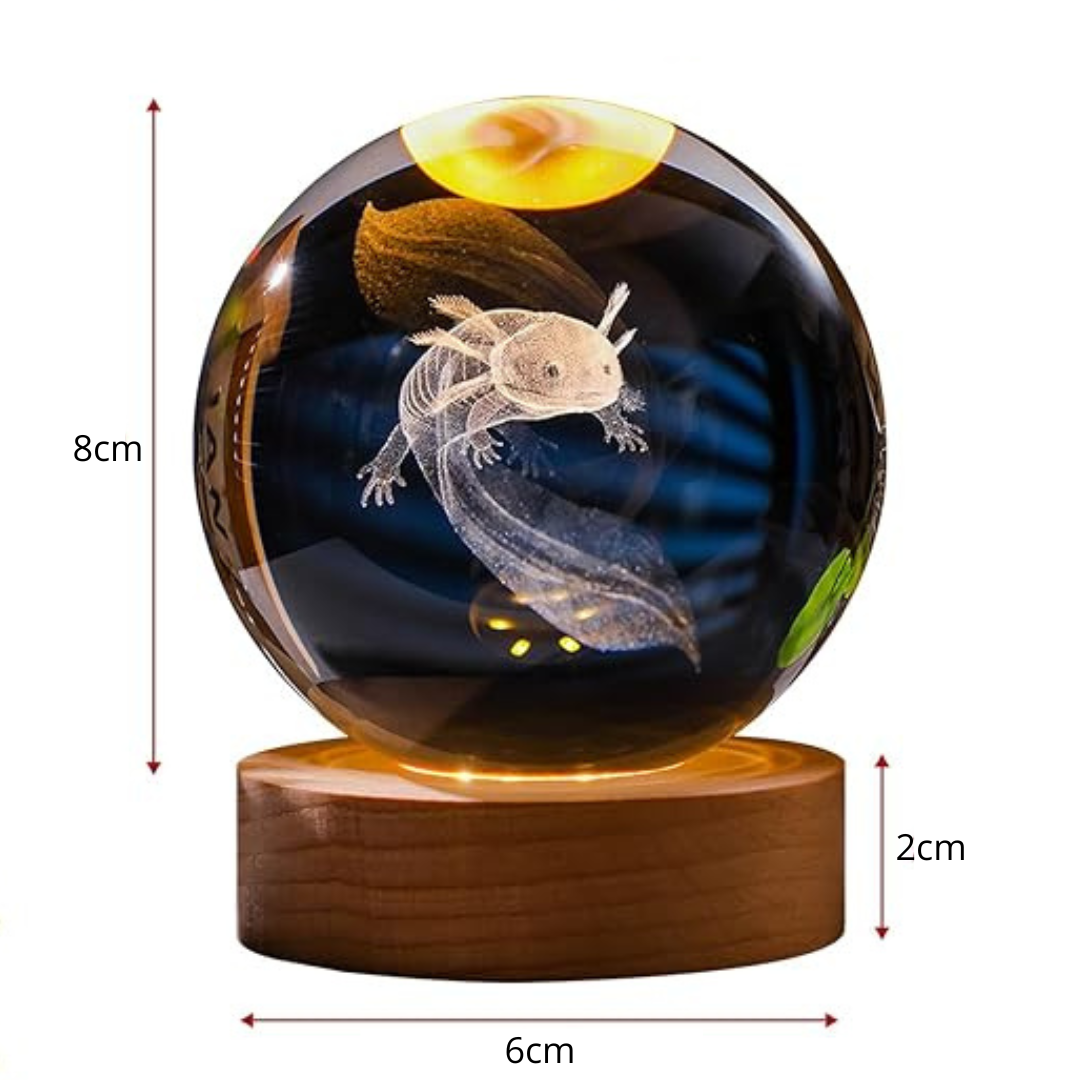 Esfera de Cristal con Ajolote 3D — Luz LED Irisada