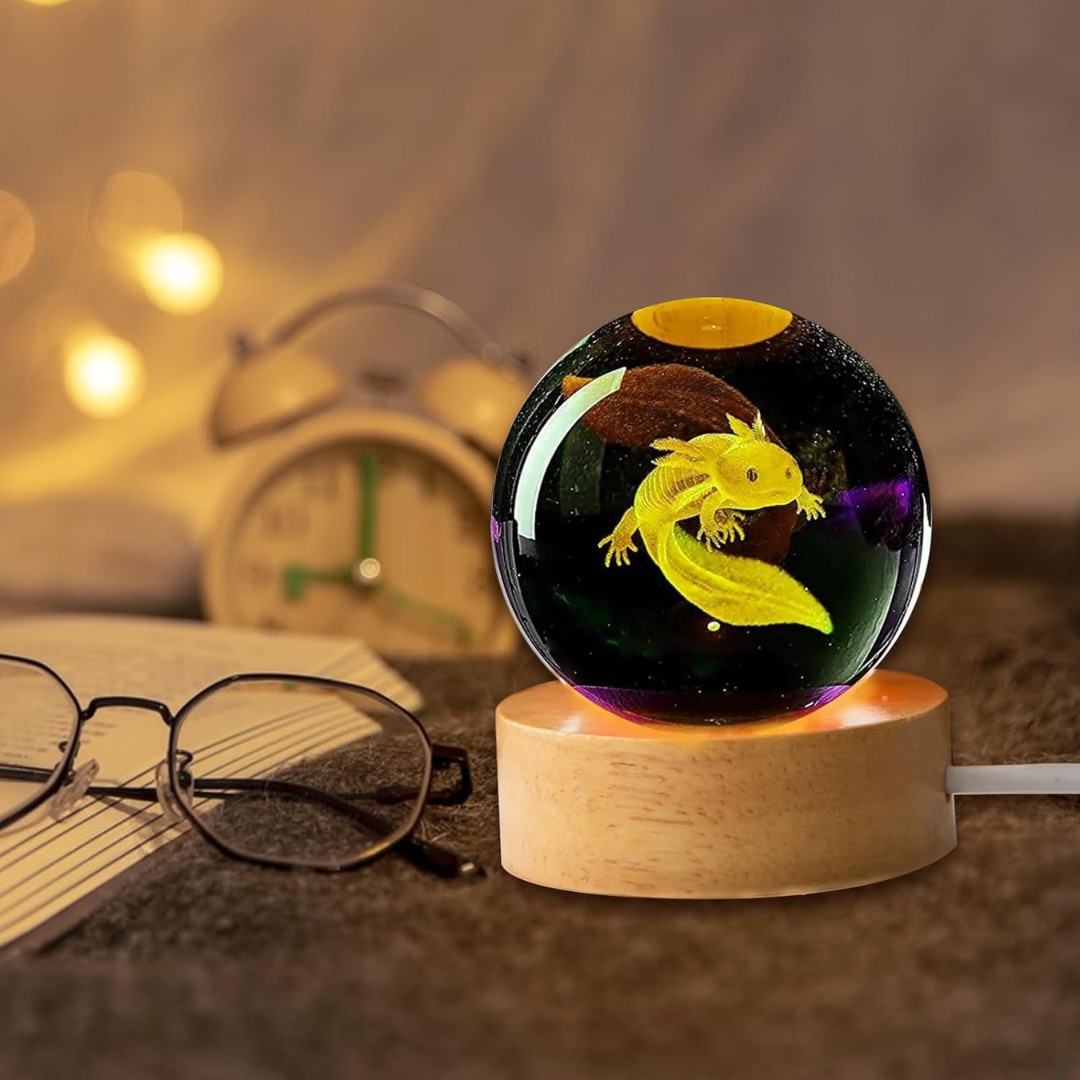Esfera de Cristal con Ajolote 3D — Luz LED Irisada