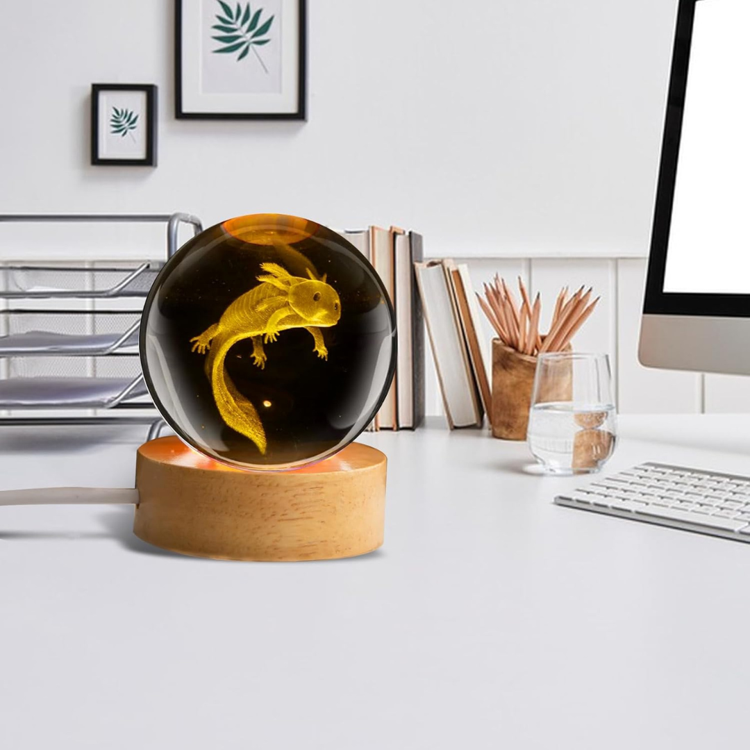 Esfera de Cristal con Ajolote 3D — Luz LED Irisada