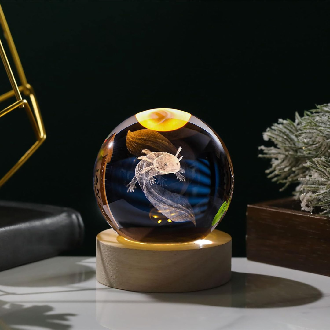 Esfera de Cristal con Ajolote 3D — Luz LED Irisada
